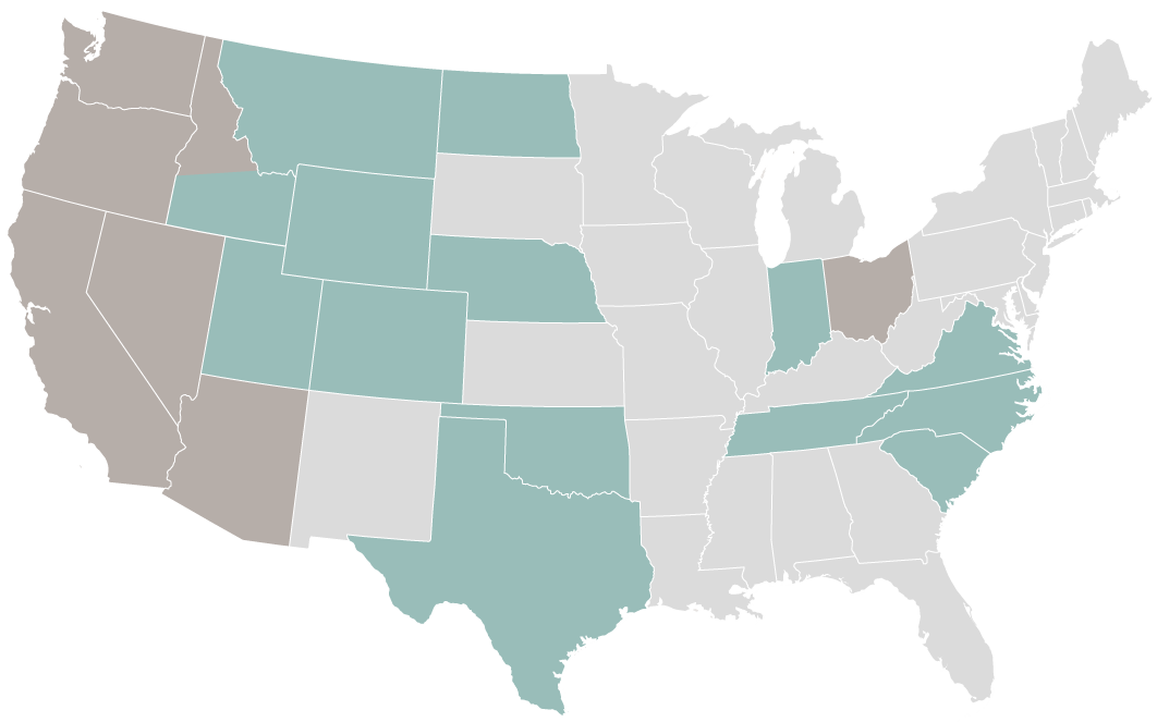 map of what states each regional director oversees. Joelyn Meighan oversees Washington, Idaho, Oregon, California and Nevada. Chris Barone oversees Montana, North Dakota, Minnesota, Wyoming, Idaho, Nebraska Utah, Colorado, Arizona, Texas, Oklahoma, Ohio, New York, Virginia, North Carolina, South Carolina, Tennessee and Florida.